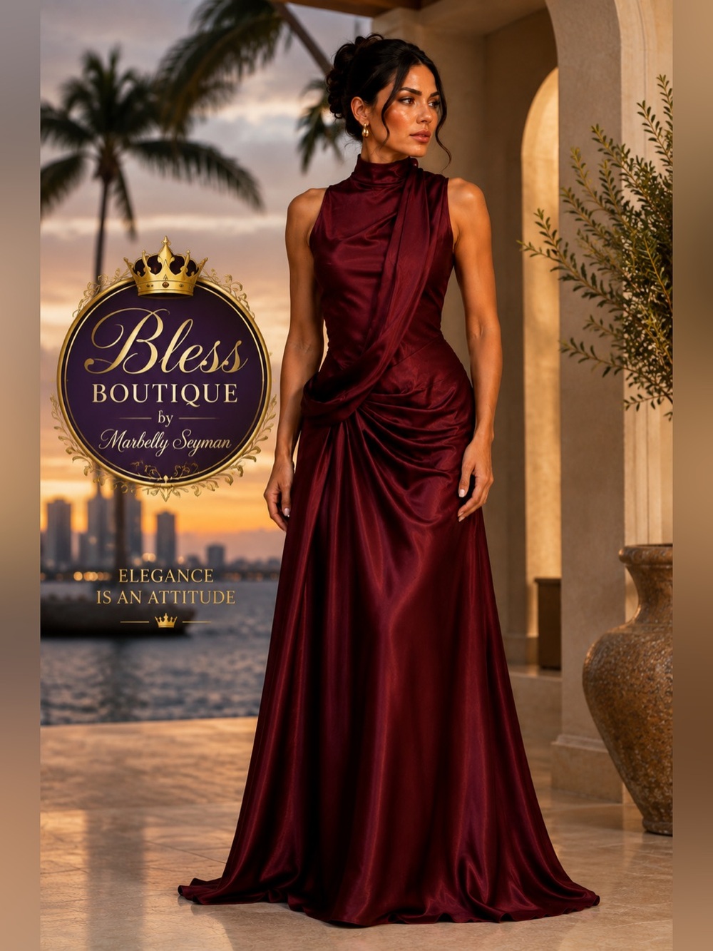Miss Rosier Burgundy Satin Maxi Gown Convertible Draped Sash NWT